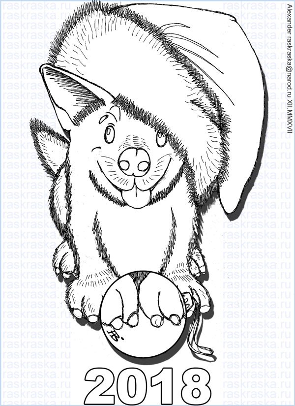 600x825 Contour Drawing Of Corgi Dog With Number 2018. New Year'S
