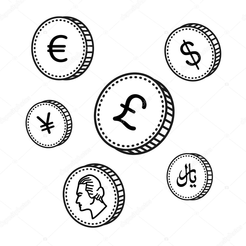 1024x1024 Vector Line Hand Drawn Coins. Black And White Money. Sketch Style