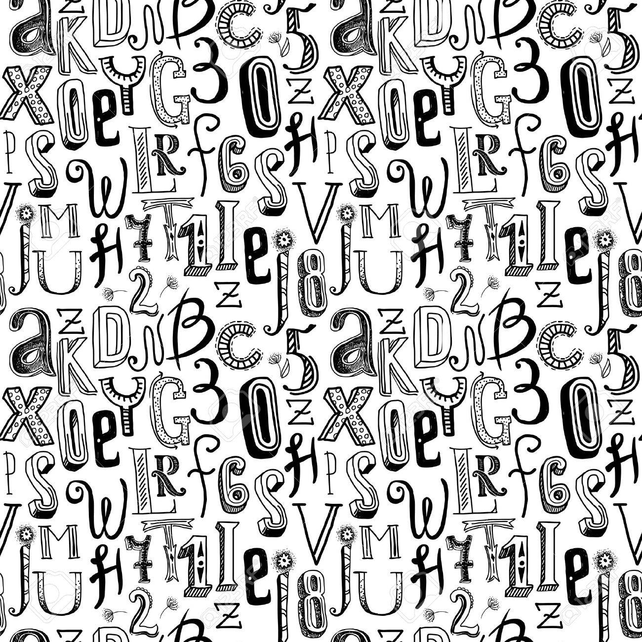 1300x1300 Sketch Hand Drawn Doodle Black Alphabet Letters And Numbers