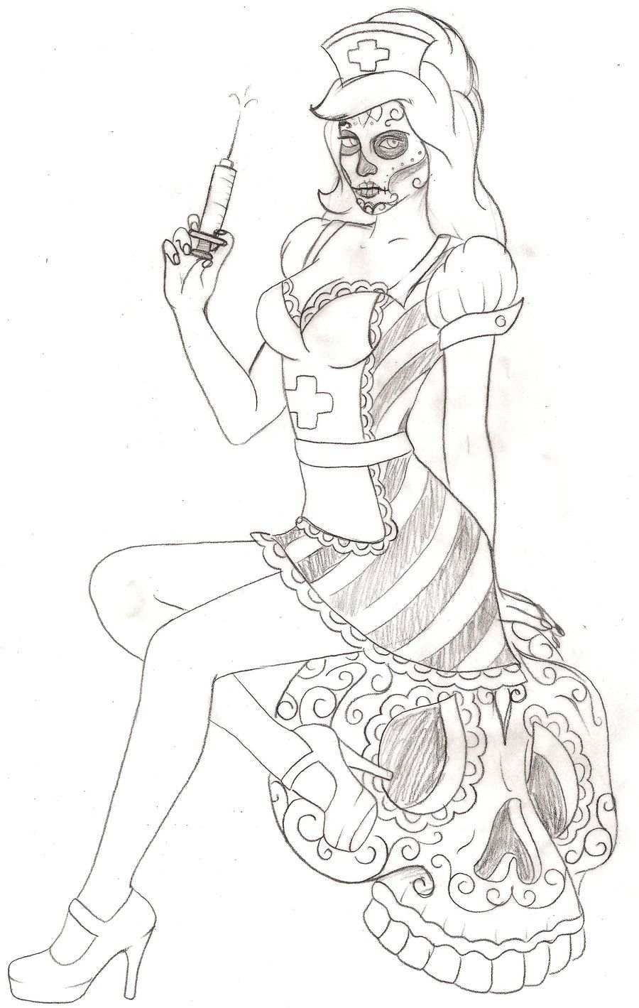 900x1419 Day Of The Dead Nurse And Sugar Skull Pin Up Tattoo Flash By