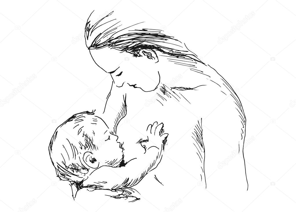 1023x731 Hand Sketch Nursing Mother With Baby Stock Vector Onot