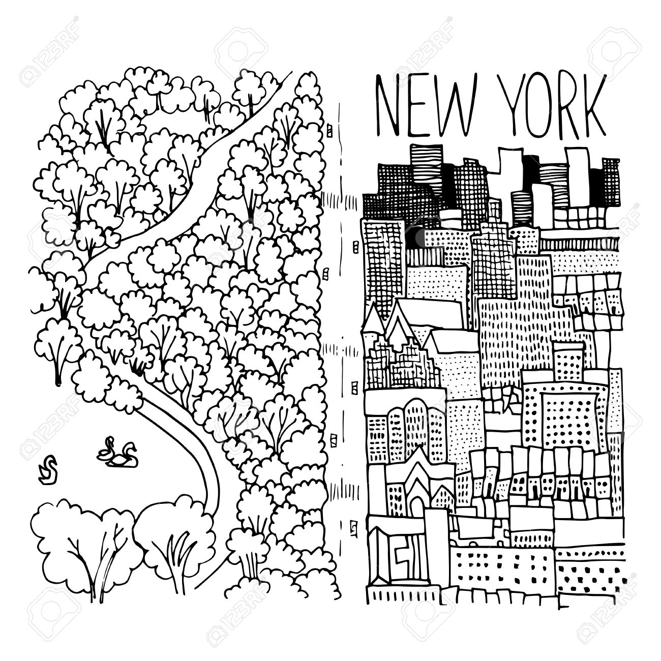 1300x1300 Hand Drawn Illustration Of Central Park In New York. Simple Sketch
