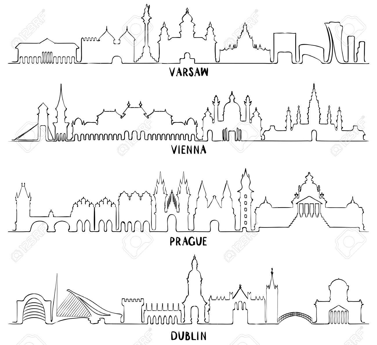 1300x1192 Skyline With Historic Architecture, Line Vector Illustration