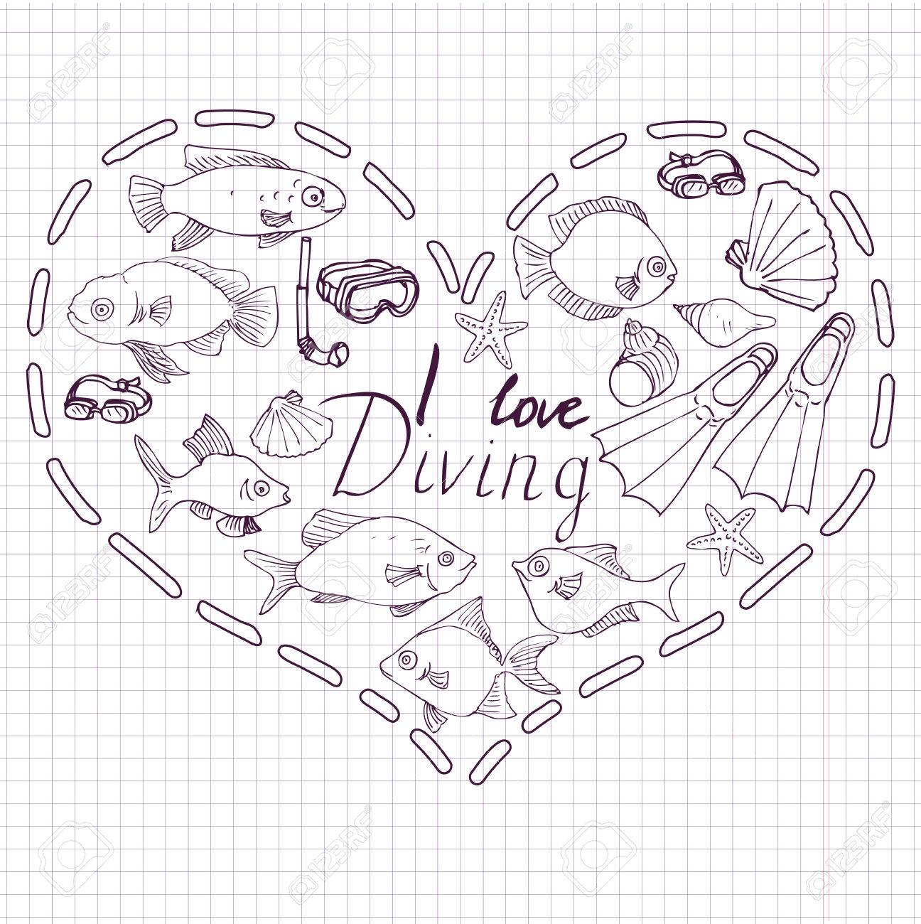 1296x1300 Heart From Sea Objects, Vector Sea Set Of Ink Drawing Sketch