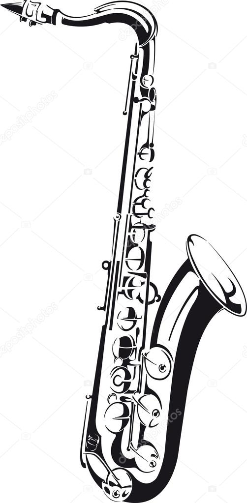 502x1023 Line Drawing Of A Saxophone, Isolated On Background Stock Vector