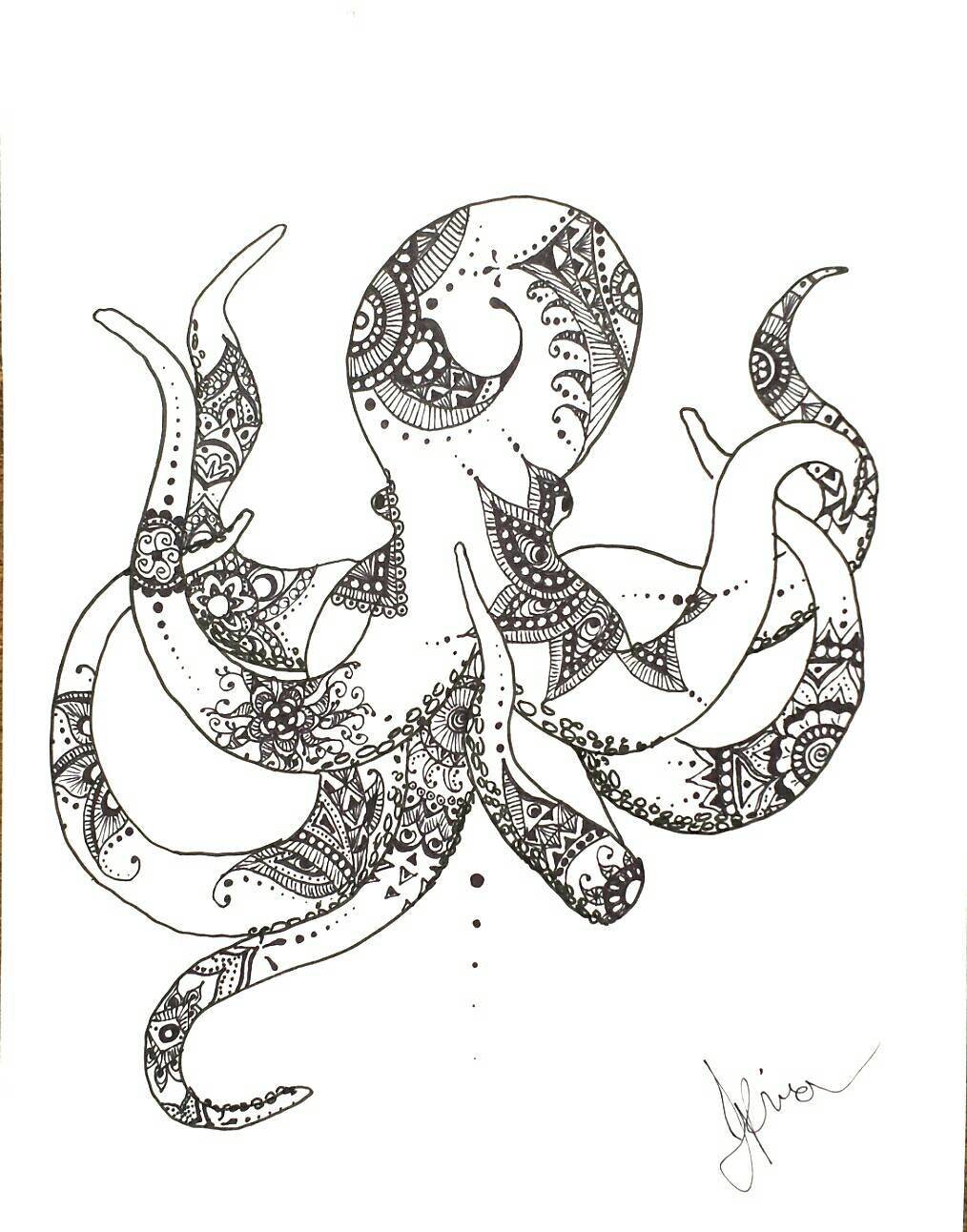 1014x1292 Pen And Ink Octopus Henna Style Drawing Print. Beach Ocean