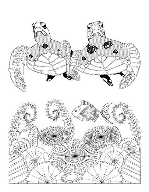 570x738 Sea Turtles And Ocean Flowers Coloring Page For Adults
