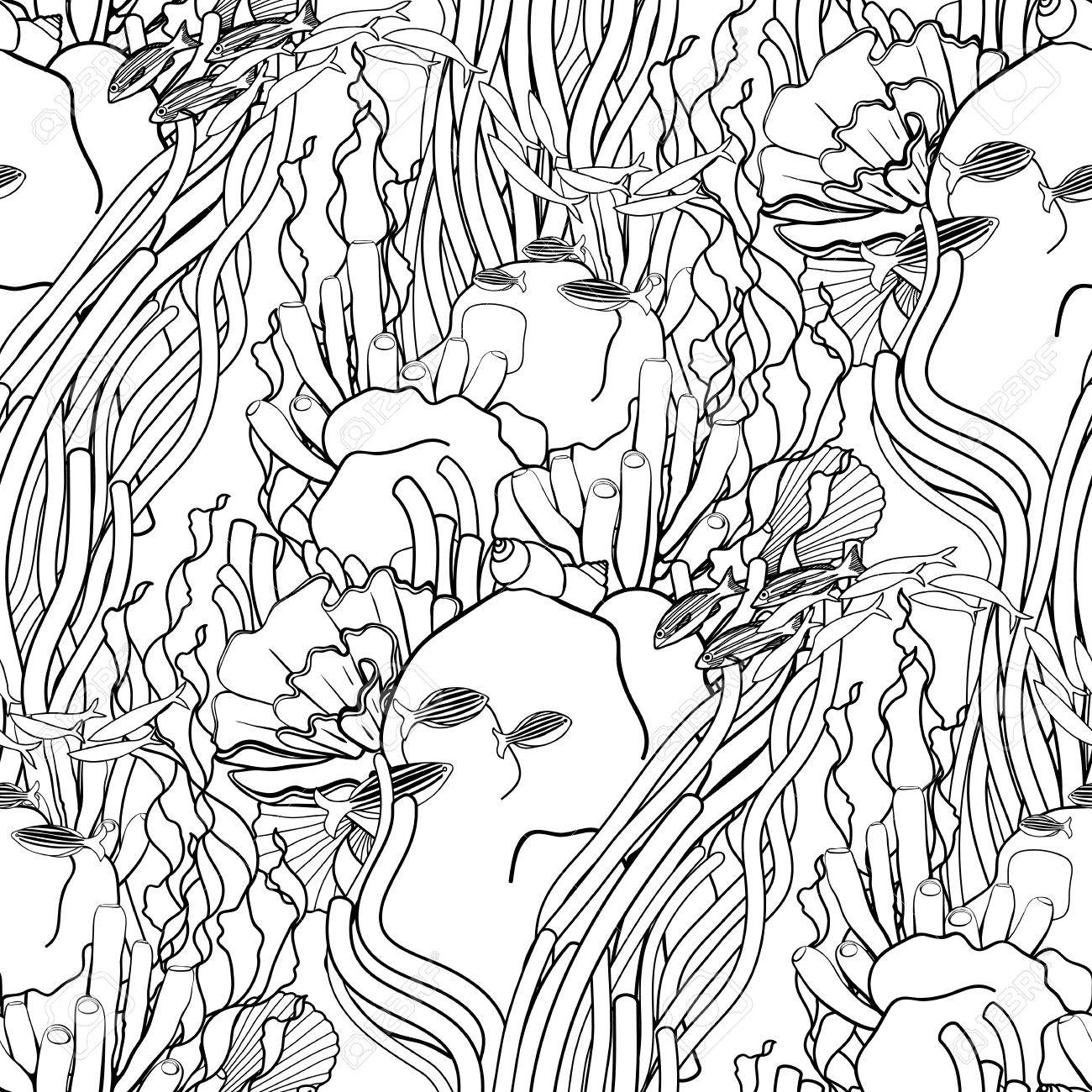 1300x1300 Graphic Coral Reef Drawn In Line Art Style. Ocean Plants And Rocks