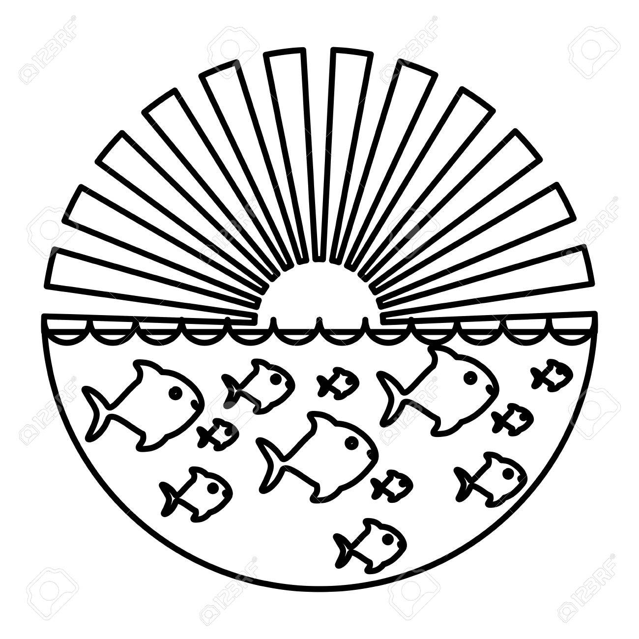 1300x1300 Silhouette Sunset With Ocean And Fish Set Vector Illustration