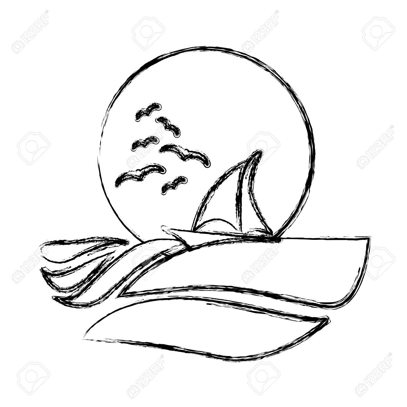 1300x1300 Blurred Sketch Silhouette Sunset In The Ocean With Boat And Gulls