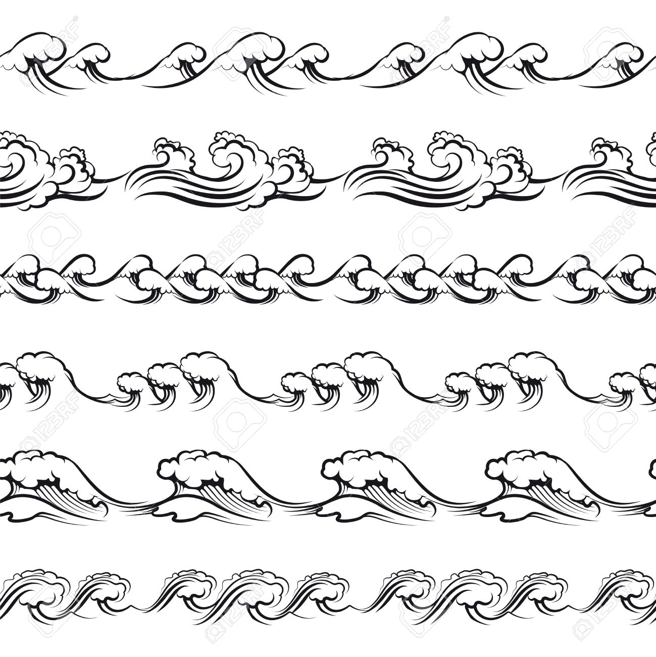 1299x1300 Hand Drawn Waves. Seamless Borders With Ocean Waves Vector Royalty