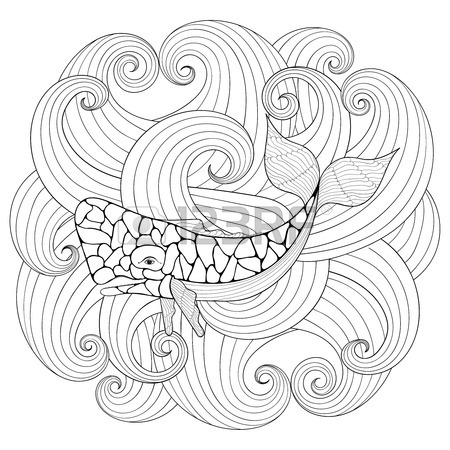 450x450 Hand Drawing Gray Whale In Abstract Waves On White Background