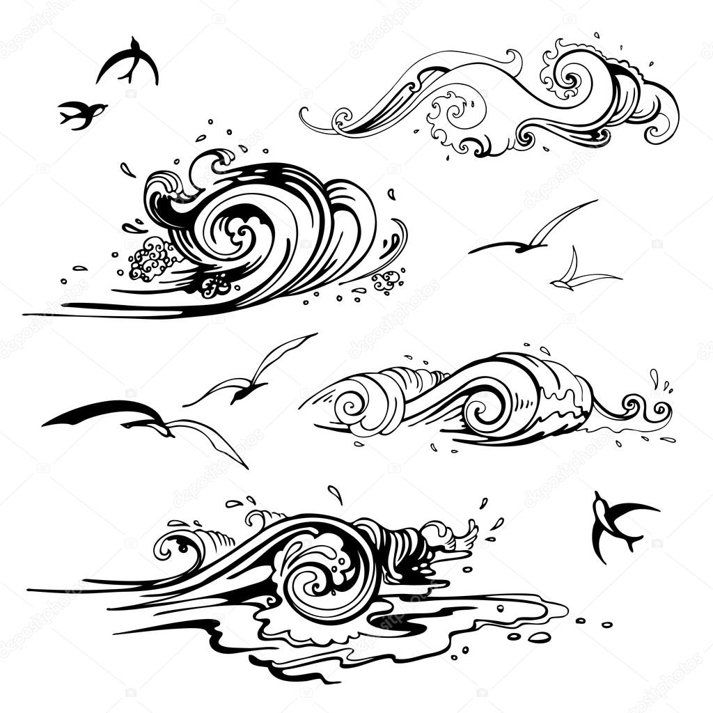1024x1024 Sea Waves Set. Hand Drawn Vector Illustration. Stock Vector