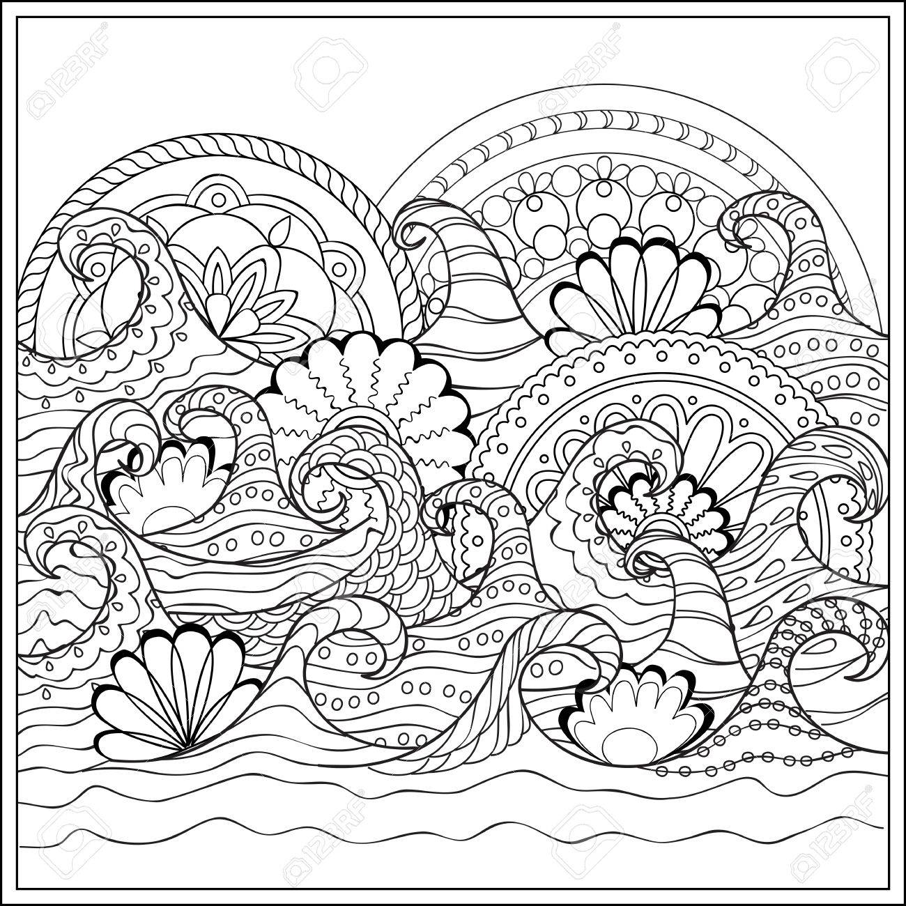 1300x1300 Hand Drawn Mandalas In The Ocean With Decorated Waves. Image