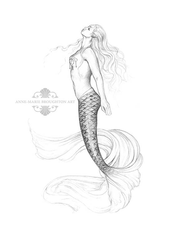 570x755 8x10 Inch Print Sea Kiss Princess Mermaid Art Graphite Pencil