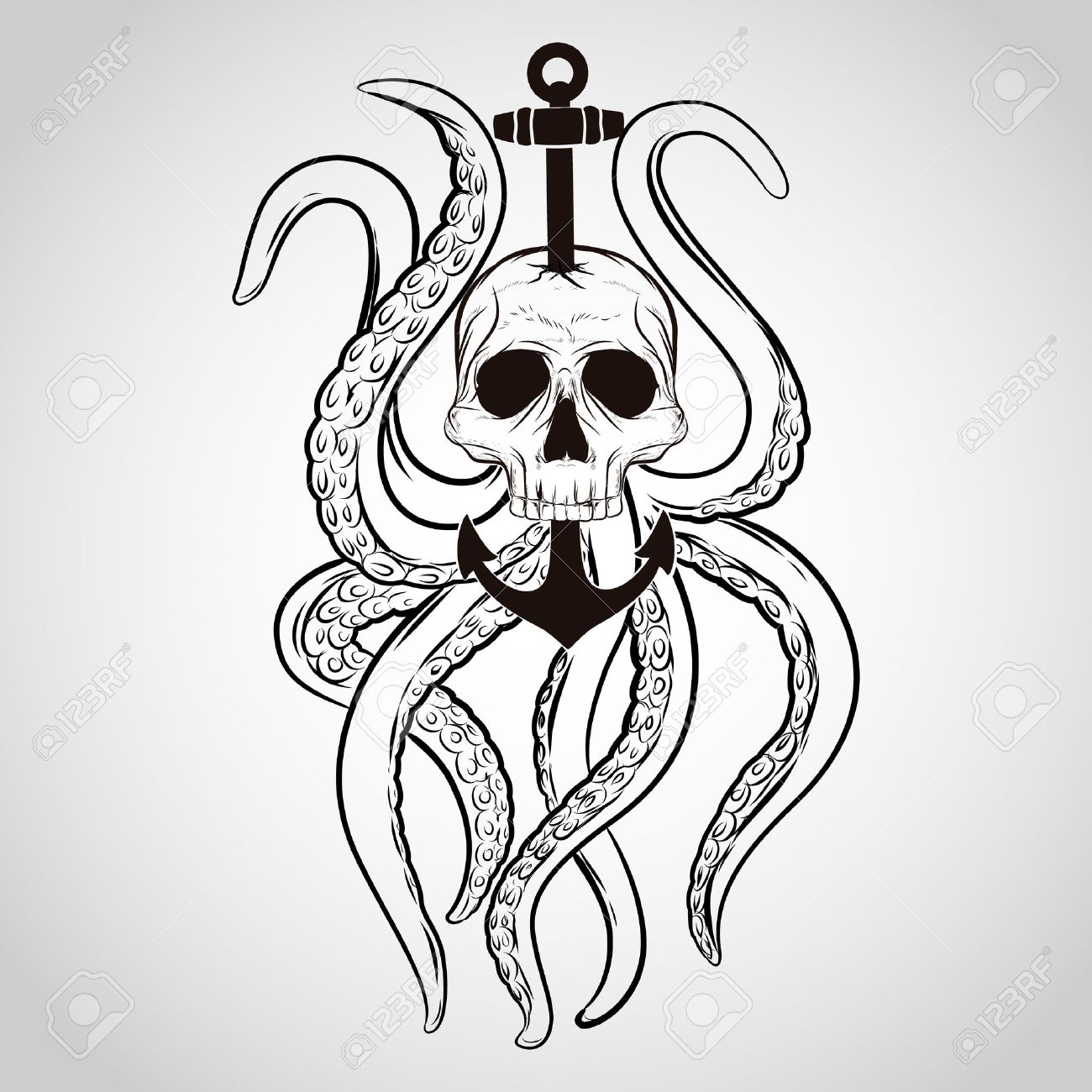 1300x1300 T Shirt Design. Skull With Octopus And Anchor In A Tattoo Style