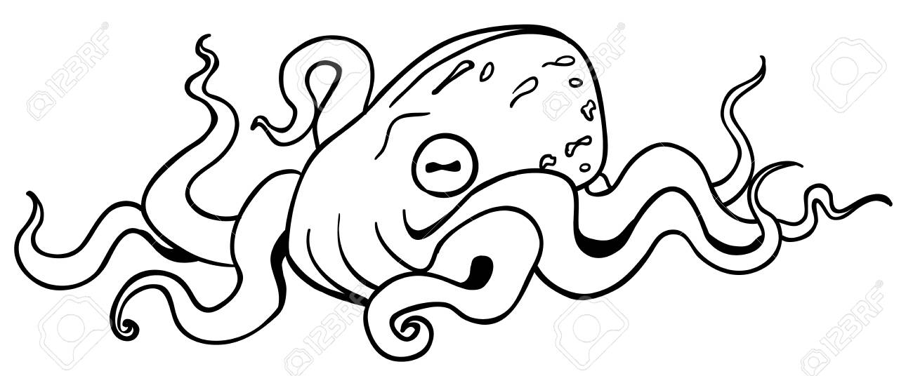 1300x536 Octopus Resting Cartoon Line Drawing, Horizontal, Vector