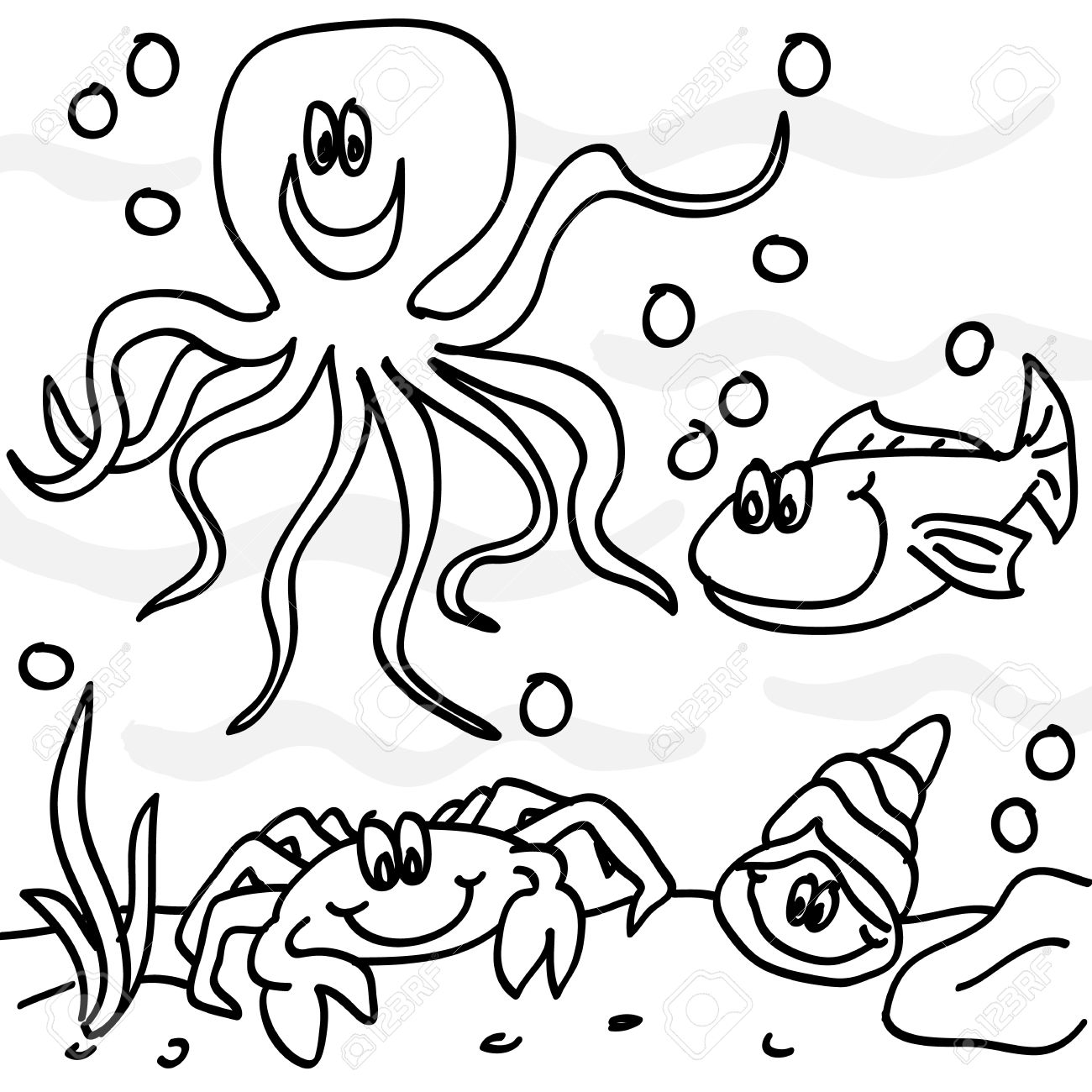 1300x1300 Outline Of Fun Hand Drawn Marine Life Cartoon Characters Octopus