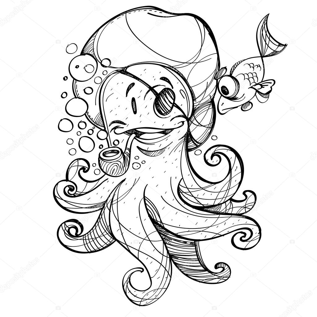 1024x1024 Cheerful Octopus Pirate, Emotional Character, Black And White