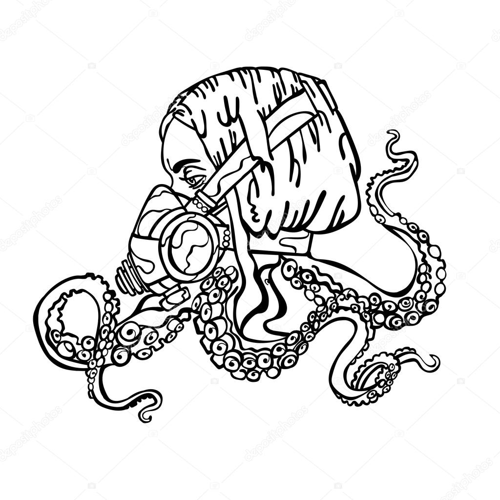 1024x1024 Girl. Steam Punk. Respiratory. Tentacles Of An Octopus. Vector