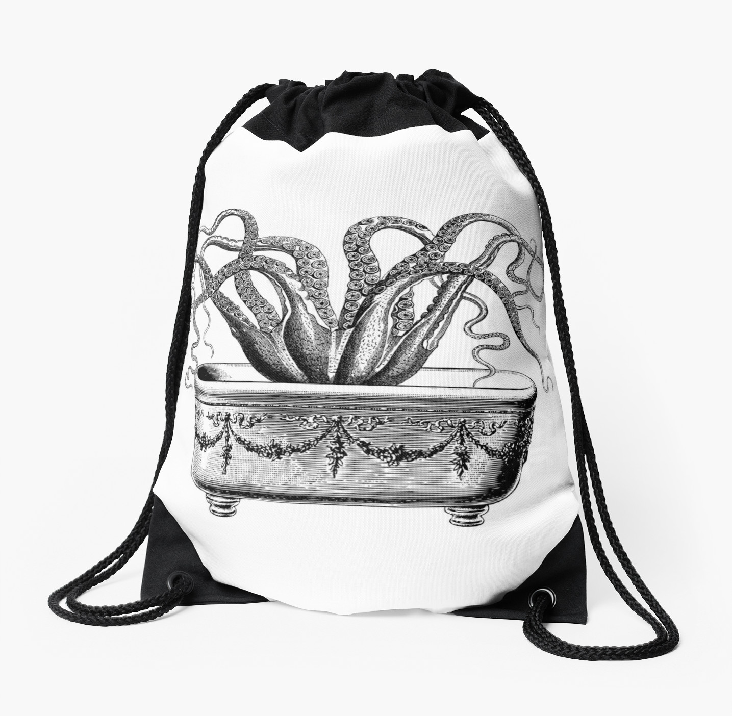 1435x1404 Tentacles In The Tub Octopus Black And White Drawstring Bags