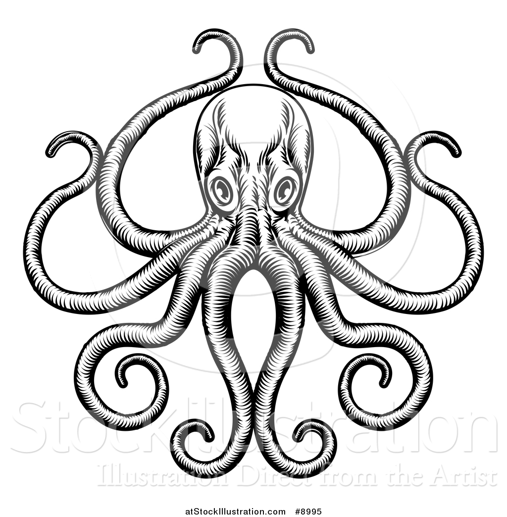 1024x1044 Vector Illustration Of A Black And White Retro Woodcut Octopus