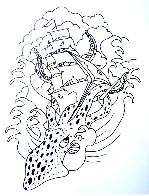 497x653 Collection Of Squid Ship Tattoo Line Drawing