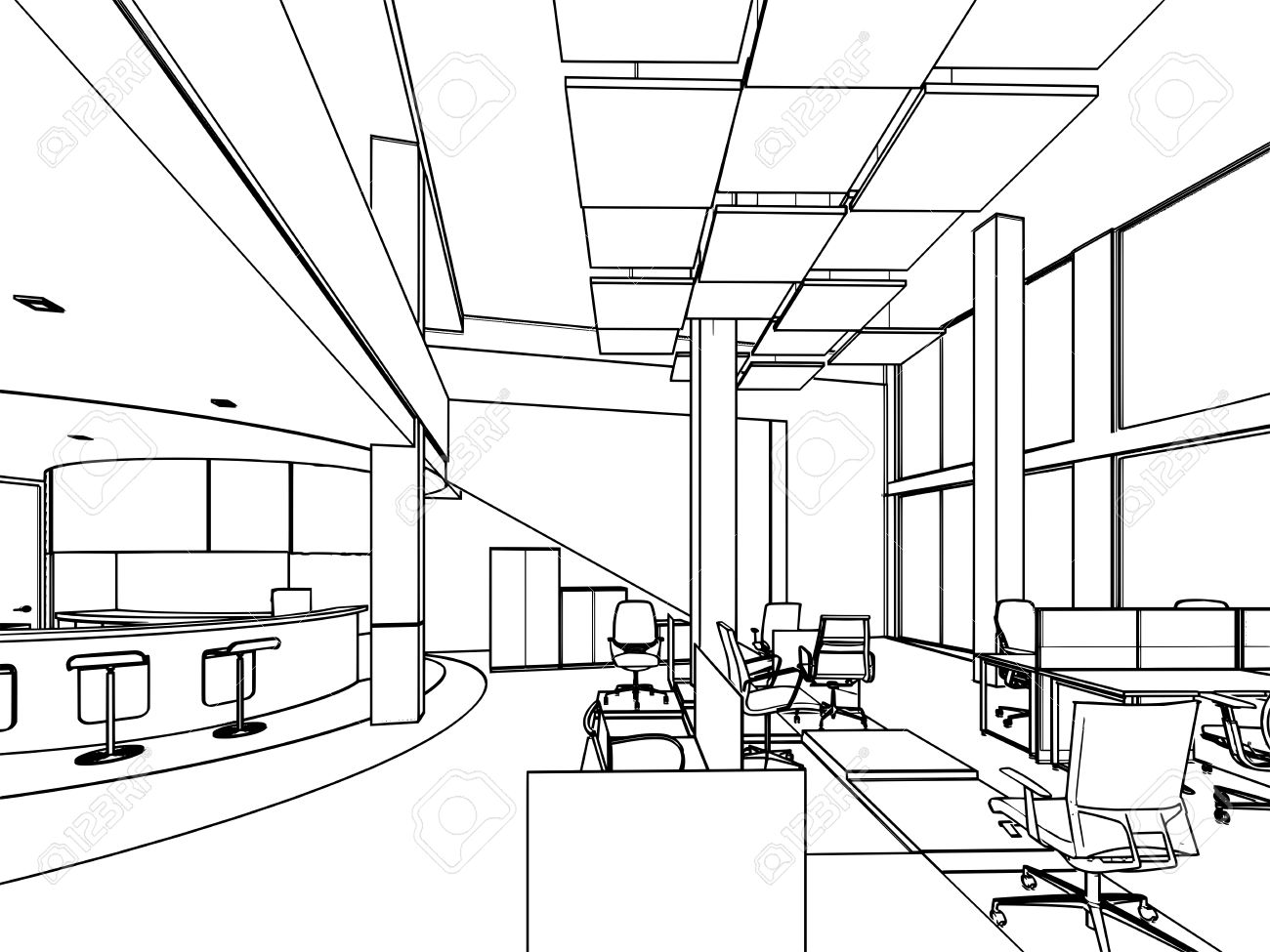 1300x975 Outline Sketch Drawing Of A Interior Space Office Stock Photo