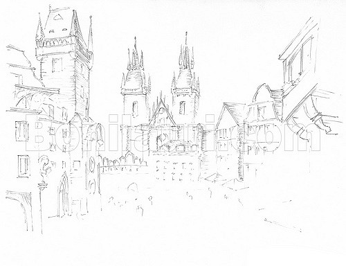 500x384 Czech Republic, Prague, Drawing Of The Old Town Square
