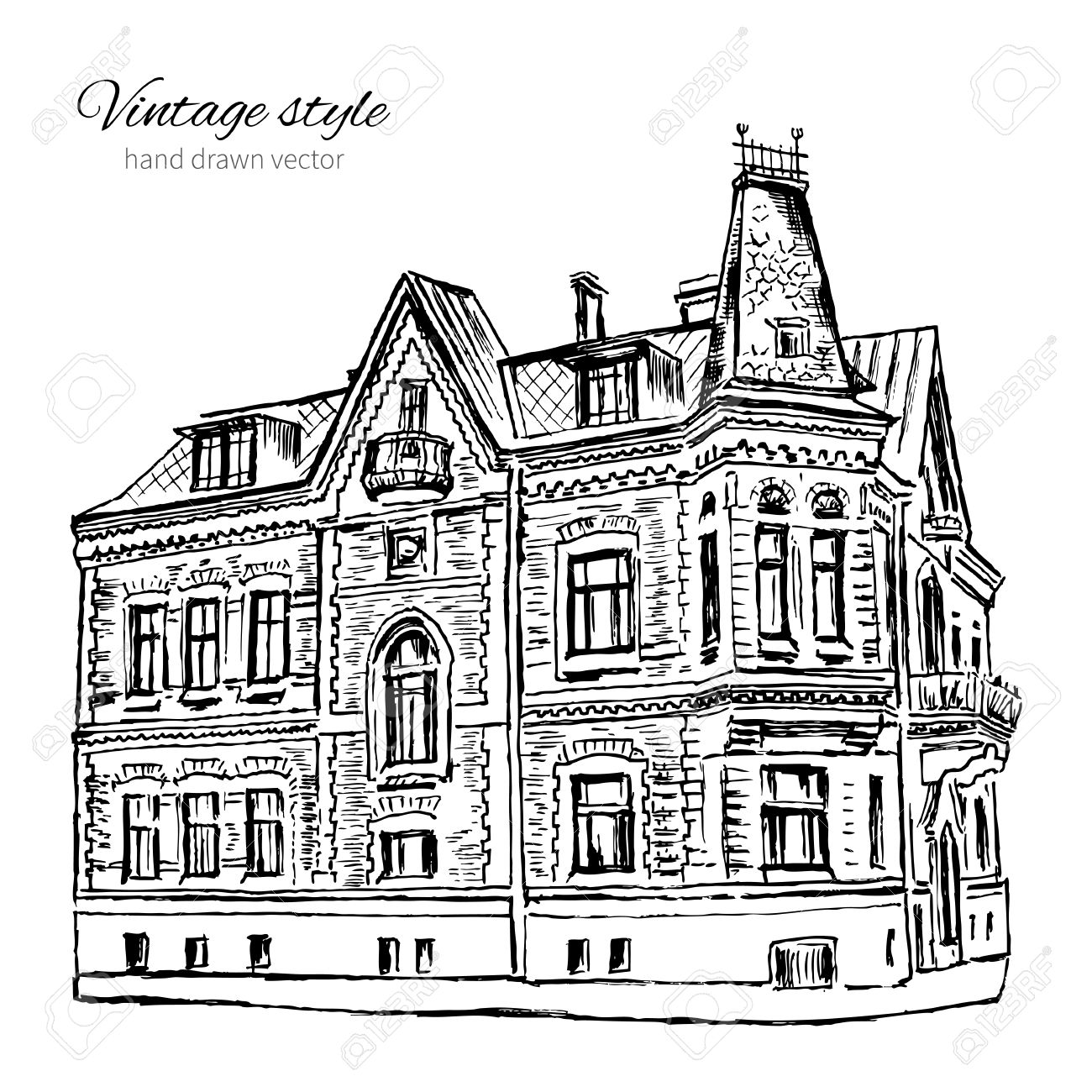 1300x1300 Vintage Vector Tile Old European House, Hand Drawn Mansion
