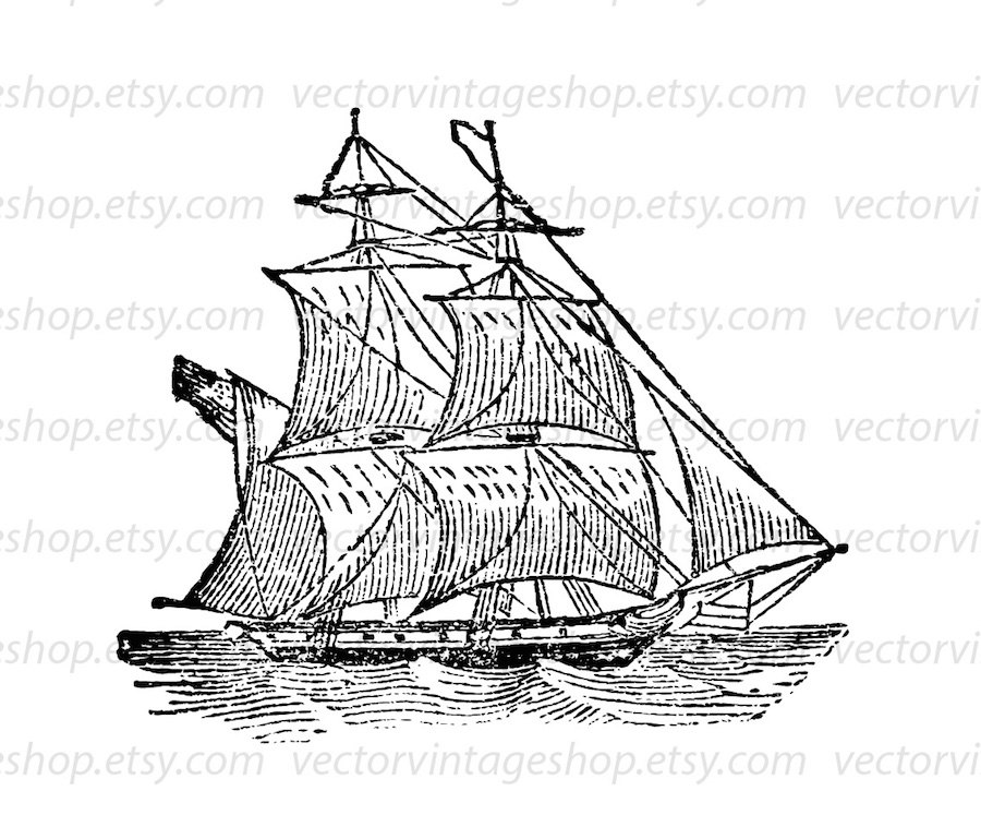 900x769 Ship Vector Graphic Instant Download, Two Mast Brig Boat Antique