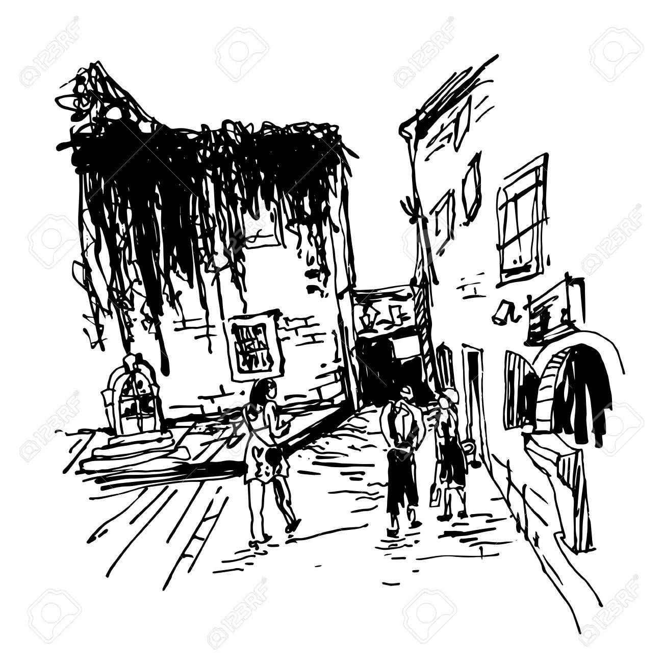 1300x1300 Black And White Sketching Of Old Building With Clambering Plant