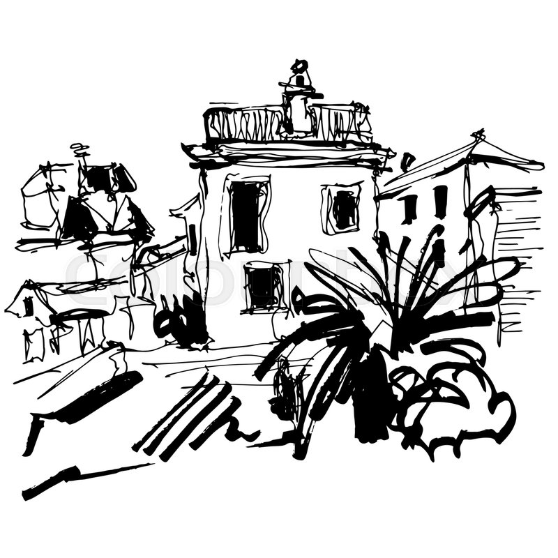 800x800 Black And White Sketch Drawing Of Historical Building With Palm