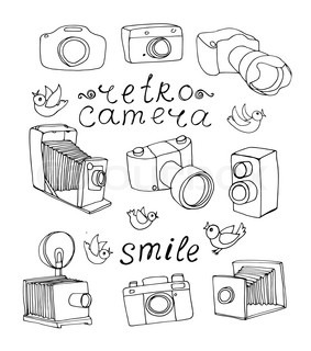 283x320 Set Of 6 Sketch Vintage Camera, Free Hand Vector Illustration