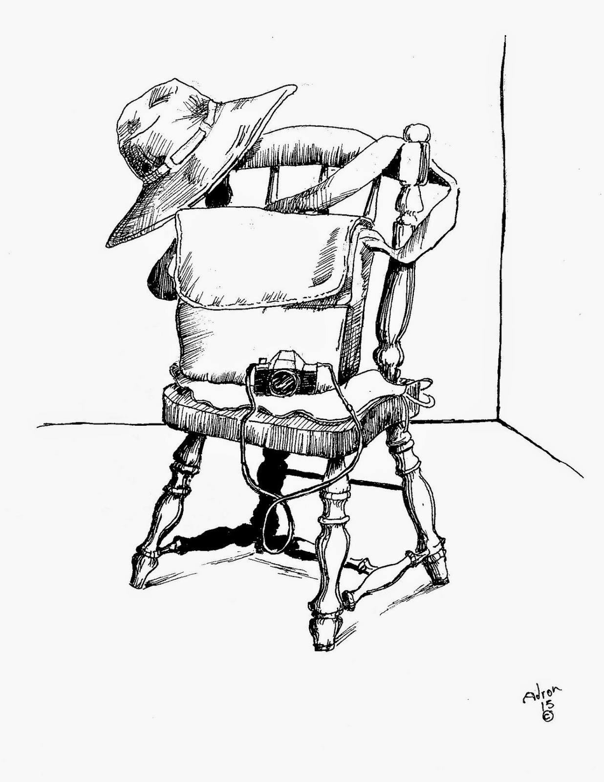 1236x1600 Artist Adron Pen Drawing Of Old Chair, Camera, Hat, And Shoulder