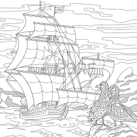 450x450 Coloring Page. Ancient Galley War Ship. Freehand Sketch Drawing