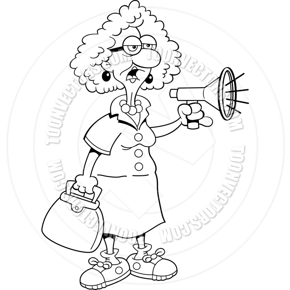 940x940 Cartoon Old Lady With A Megaphone (Black Amp White Line Art) By