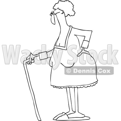 400x400 Of A Cartoon Black And White Lineart Old Lady Standing With A Cane