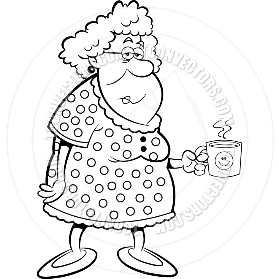 940x940 Cartoon Old Lady Holding A Coffee Mug (Black Amp White Line Art) By