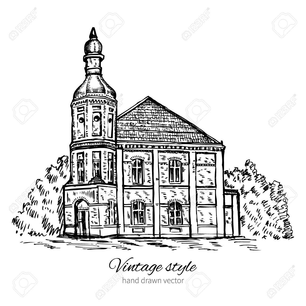 1300x1300 Vintage Vector Sketch Tile Old House, Abandoned Church, Historical