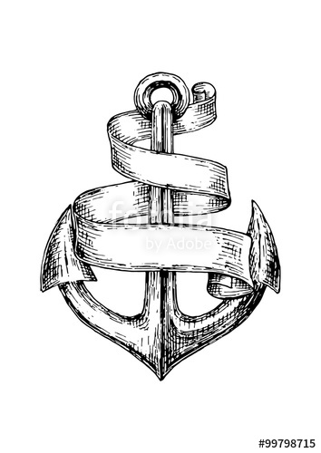354x500 Sketch Of Old Heraldic Anchor With Paper Scroll Stock Image