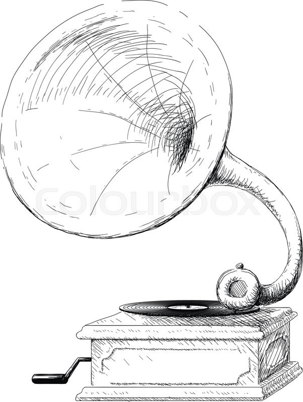 602x800 Doodle Sketch Of An Old Classic Gramophone With Trumpet And Plate