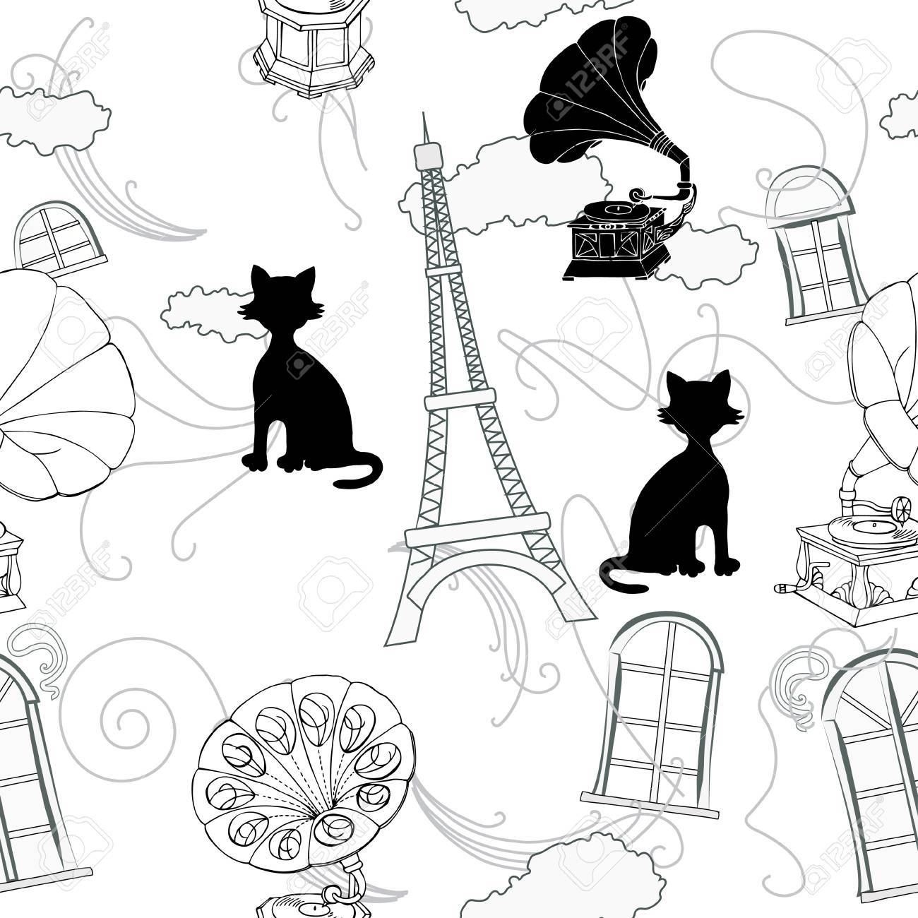 1300x1300 Seamless Pattern With Paris And Gramophones. Hand Drawn Sketches