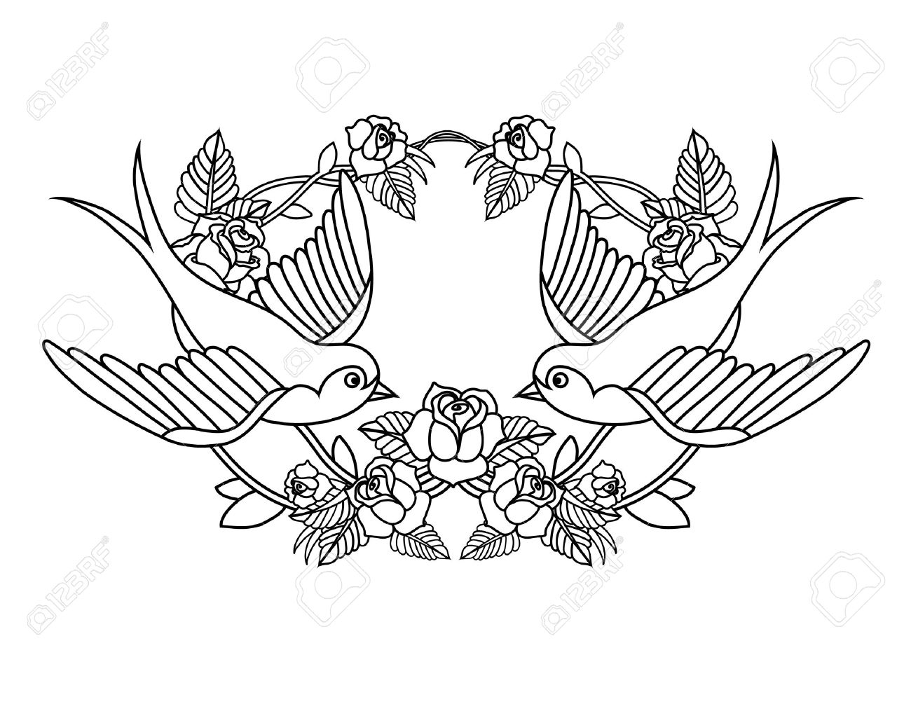 1300x1015 Old School Frame With Roses And Birds Royalty Free Cliparts