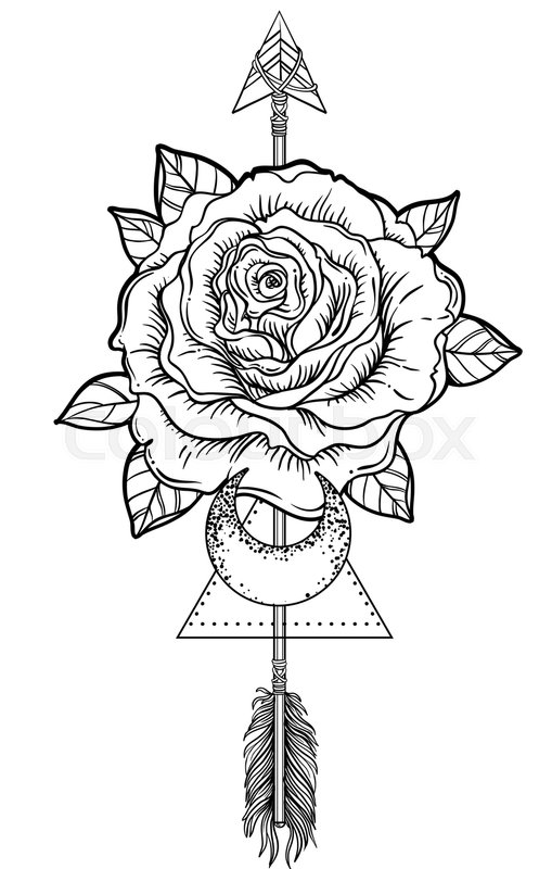 509x800 Blackwork Tattoo Flash. Rose Flower, Arrow And Moon. Highly