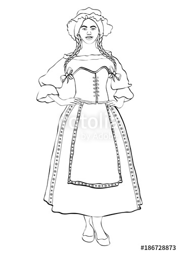 354x500 Girl In French National Costume, Vector Outline Portrait, Black