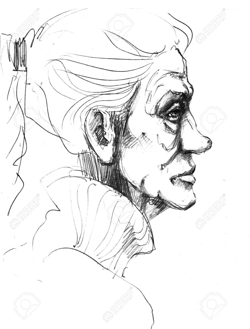 987x1300 Hand Drawn Picture. Pencil Technique. Face Of An Old Woman. Stock