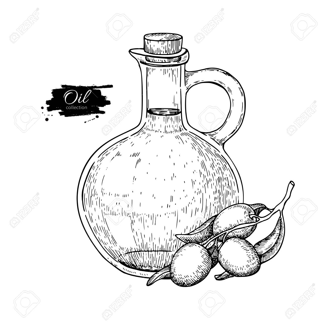 1300x1300 Bottle Of Olive Oil And Olive Branch. Vector Hand Drawn