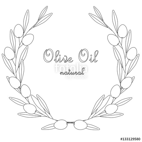 500x500 Sketch Olive Oil Label, Olive Branch Wreath With Leafs And Fruits