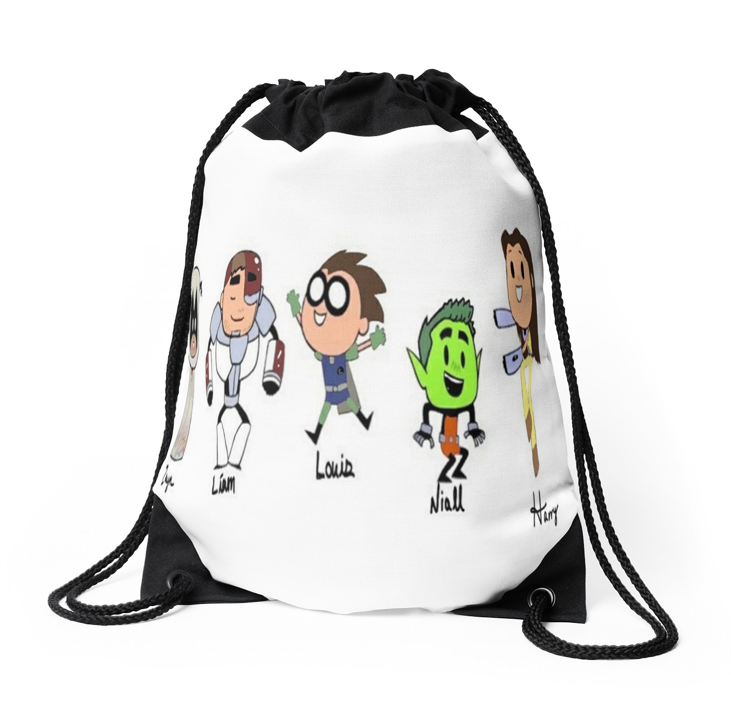 1435x1404 One Direction As The Teen Titans Drawing Drawstring Bags By